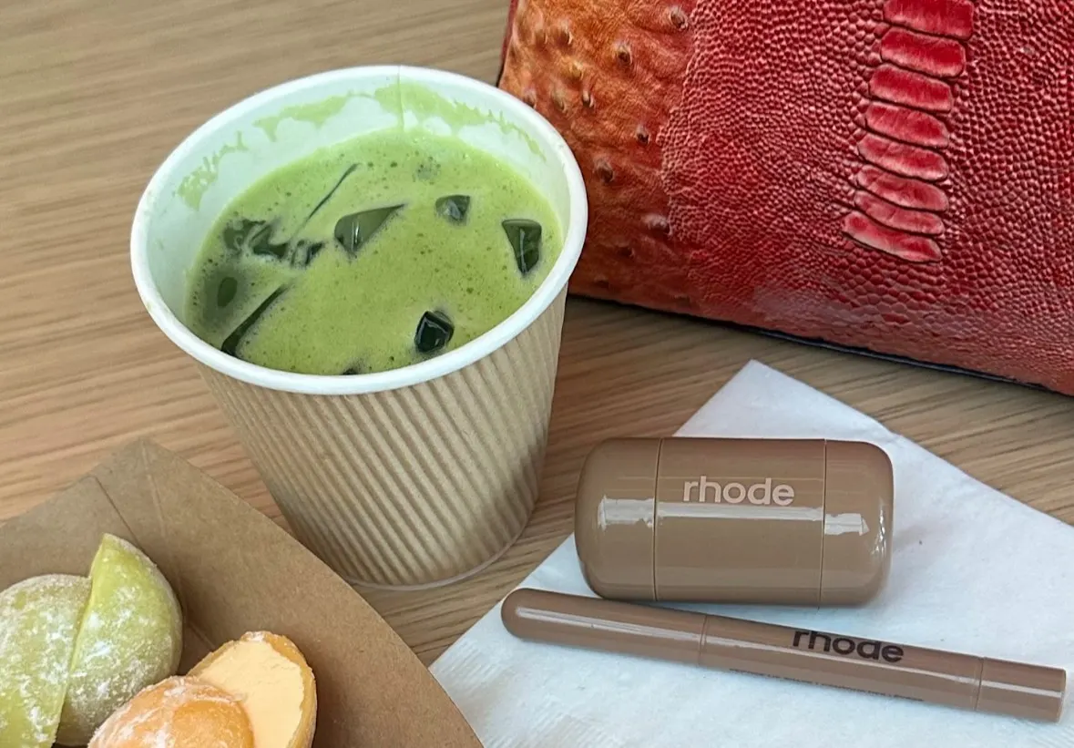 Iced matcha and beauty products