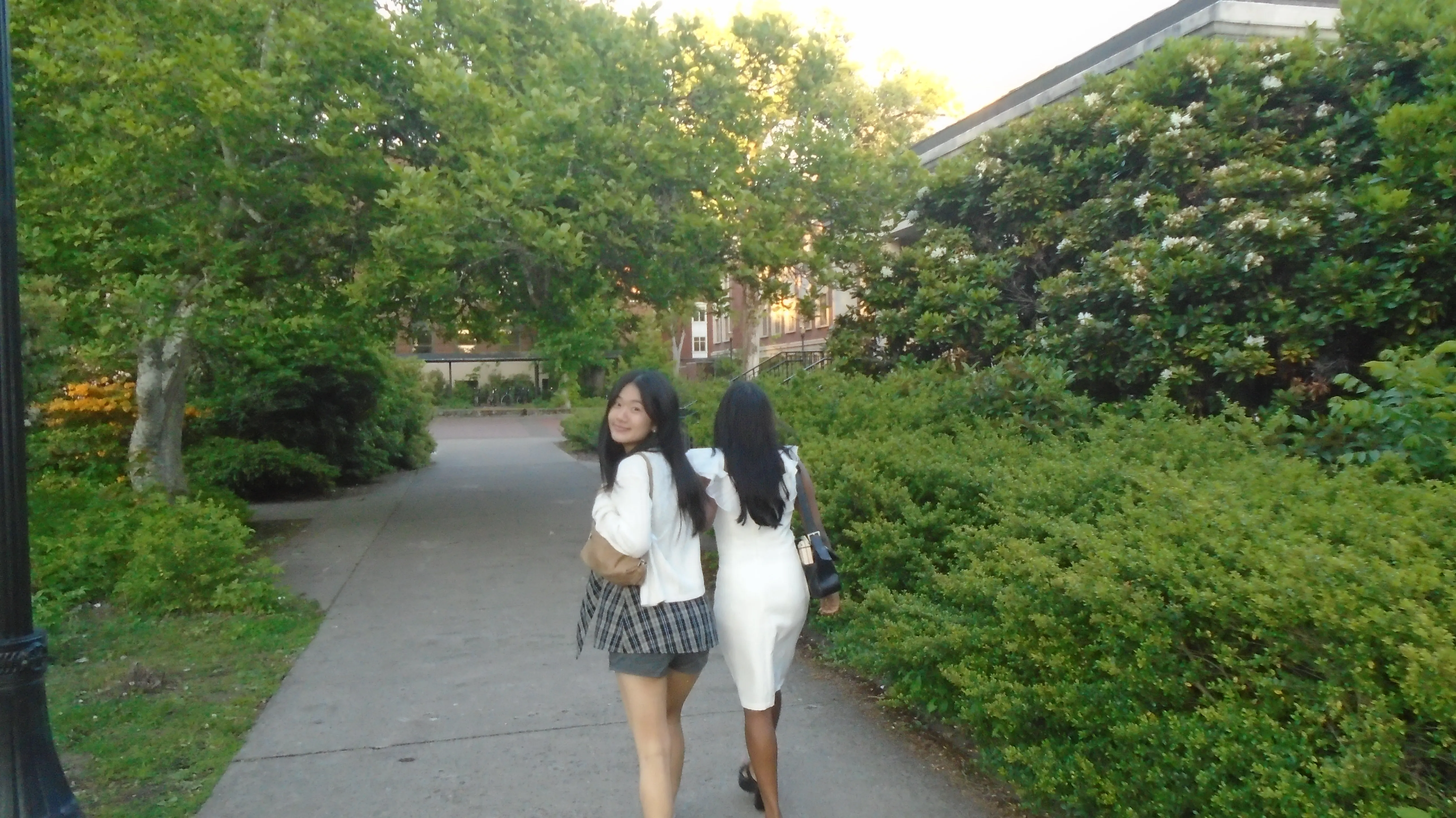 Friends walking through a garden