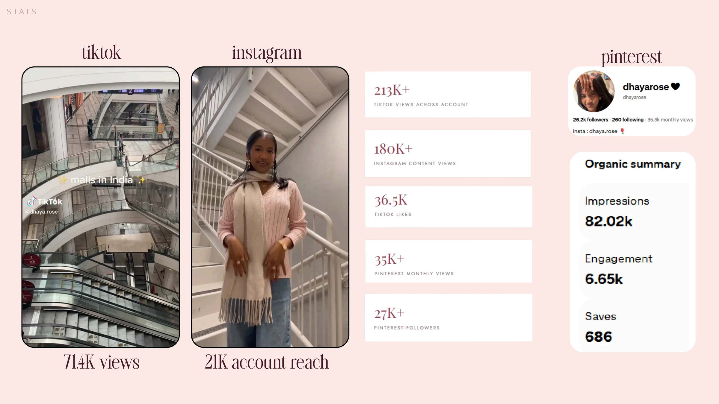 Social media stats: TikTok 213K+ views, Instagram 180K+ views, Pinterest 27K+ followers.