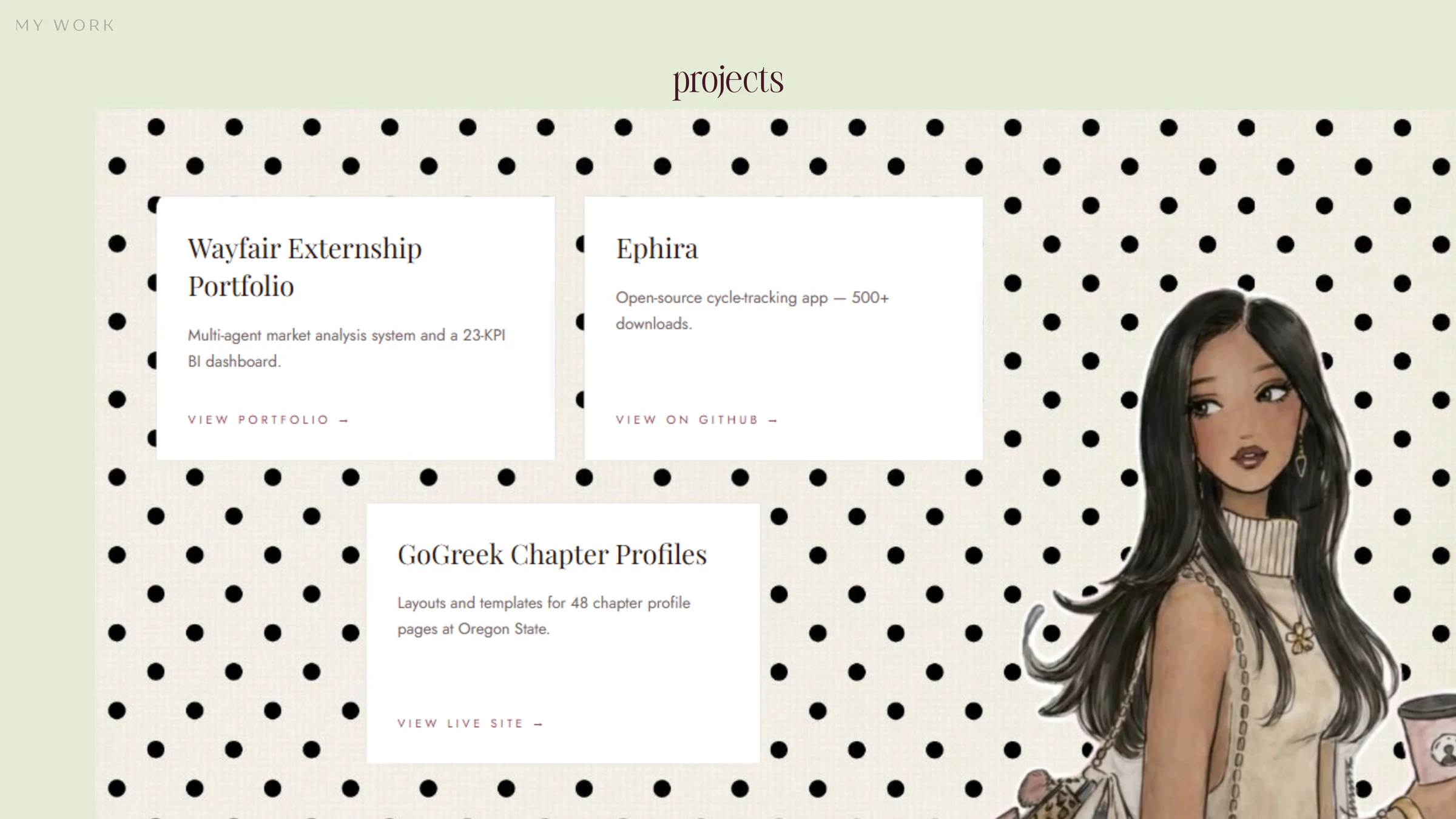 Projects: Wayfair externship portfolio, Ephira open-source app, GoGreek chapter profiles.