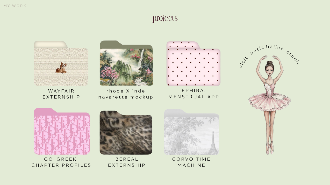 Projects: Wayfair Externship, rhode x Inde Navarette mockup, Ephira, GoGreek Chapter Profiles, BeReal Externship, Corvo Time Machine