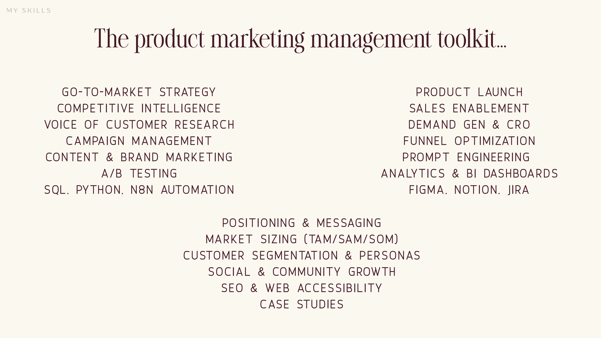 Product marketing management toolkit: GTM strategy, competitive intelligence, voice of customer, campaign management, content and brand marketing, A/B testing, SQL, Python, n8n automation, product launch, sales enablement, demand generation and CRO, funnel optimization, prompt engineering, analytics and BI dashboards, Figma, Notion, Jira, positioning and messaging, market sizing (TAM/SAM/SOM), customer segmentation and personas, social and community growth, SEO and web accessibility, case studies.