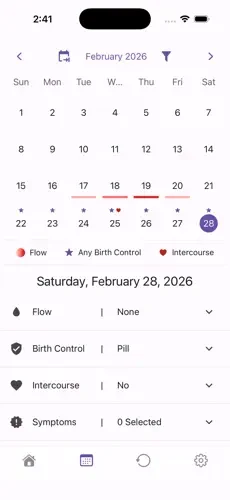 Ephira calendar with color-coded flow and birth control logging