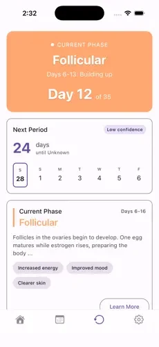 Ephira cycle tab showing current phase, day count, and next period estimate